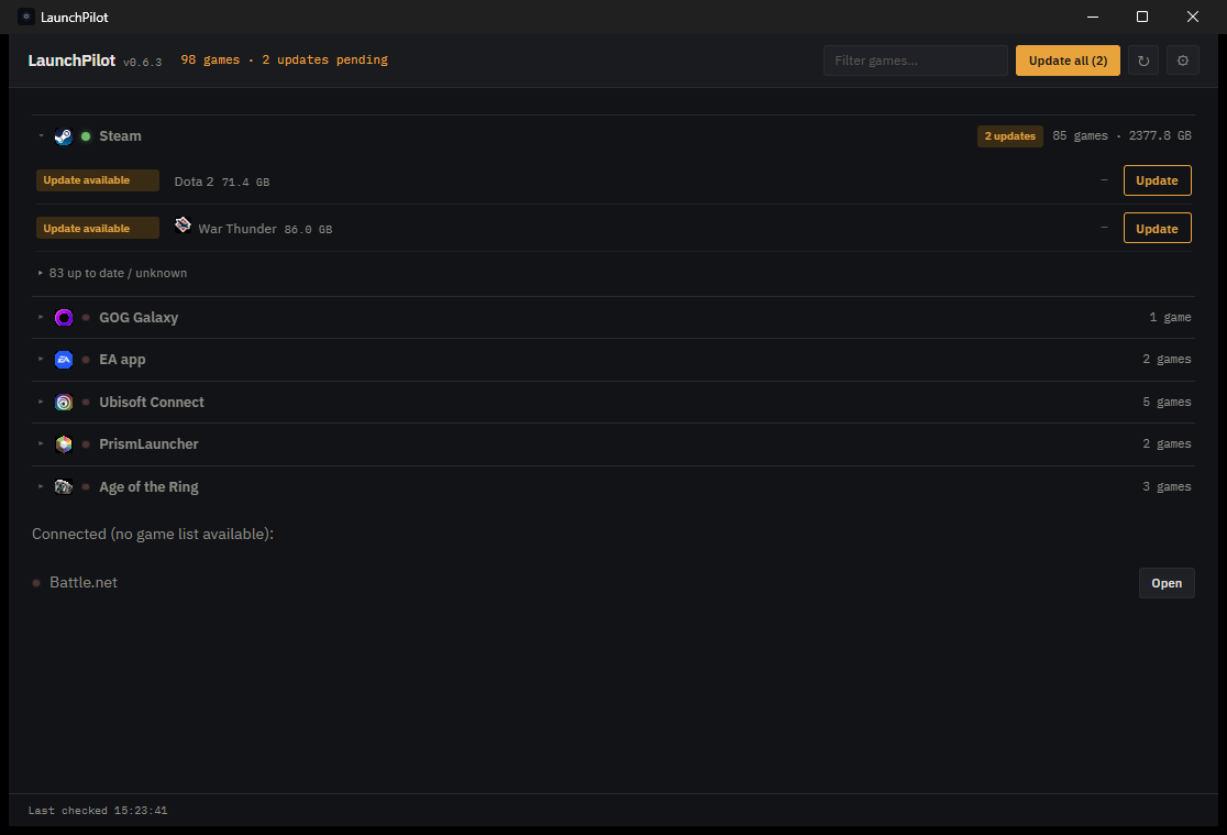 LaunchPilot dashboard showing Steam, GOG, EA, Ubisoft Connect and Battle.net with real update status